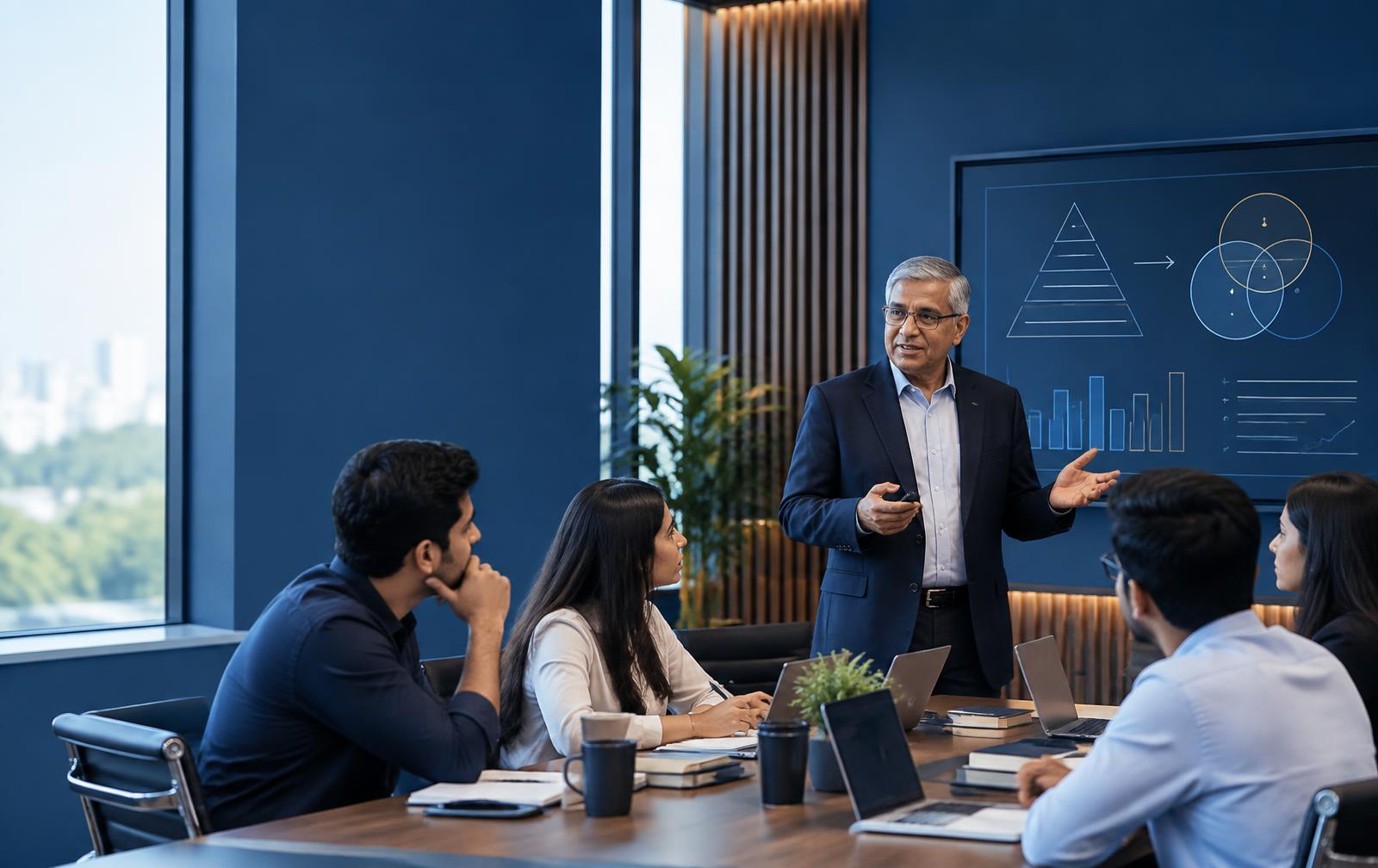 Management professor teaching students in a modern classroom